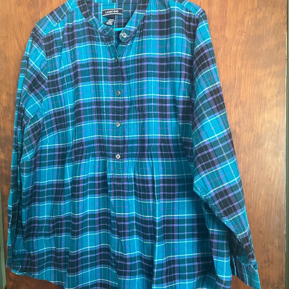 Lands' End ladies Teal and Purple Plaid Shirt
